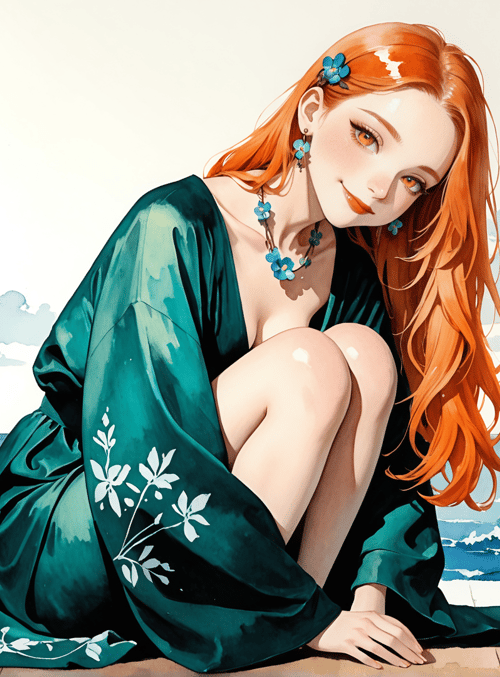 woman, dress, flowers, ocean, sky, hair