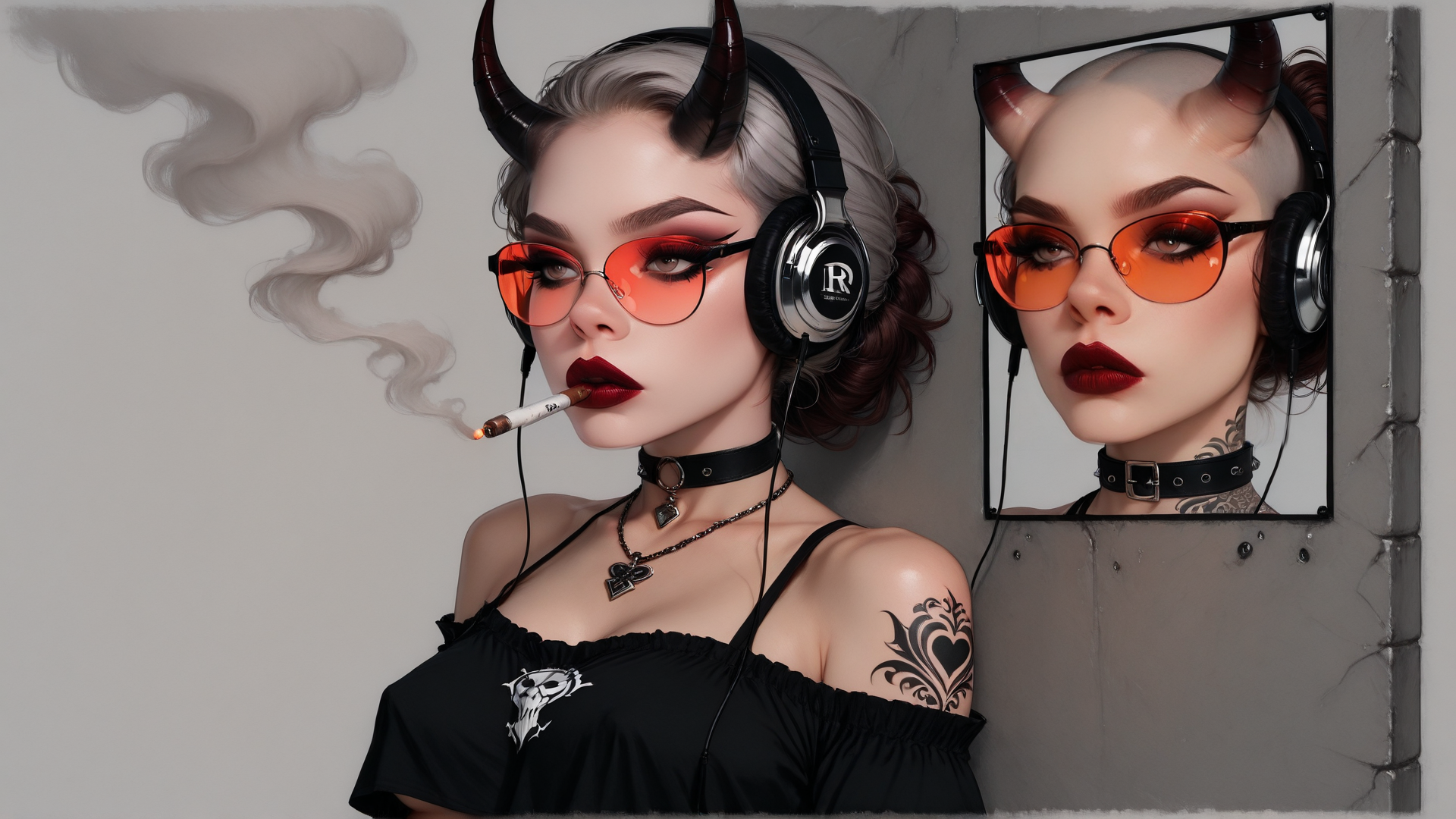 AI generated wallpaper featuring woman, devil horns, headphones, cigarette, mirror, tattoo, choker, glasses, black top, necklace