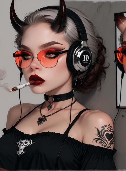woman, devil horns, headphones, cigarette, mirror, tattoo, choker, glasses, black top, necklace