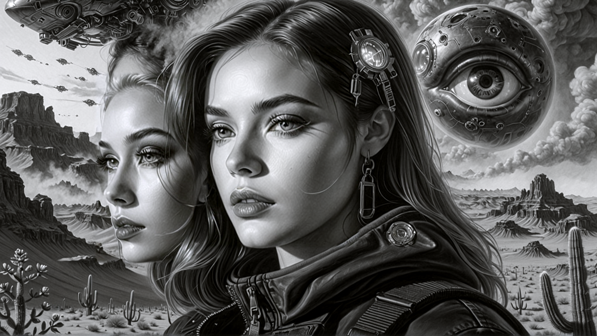 AI generated wallpaper featuring women, cyborg, desert, spaceship, eye, cactus, landscape