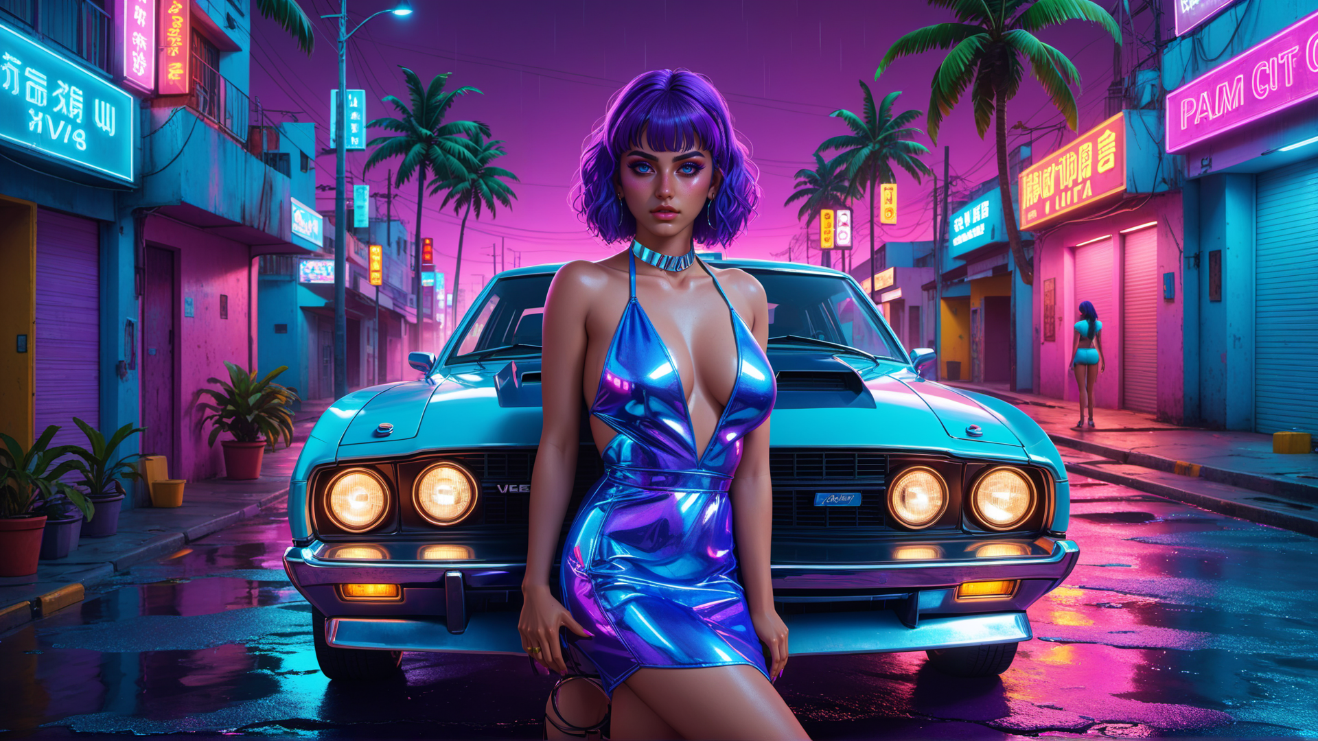 AI generated wallpaper featuring woman, car, street