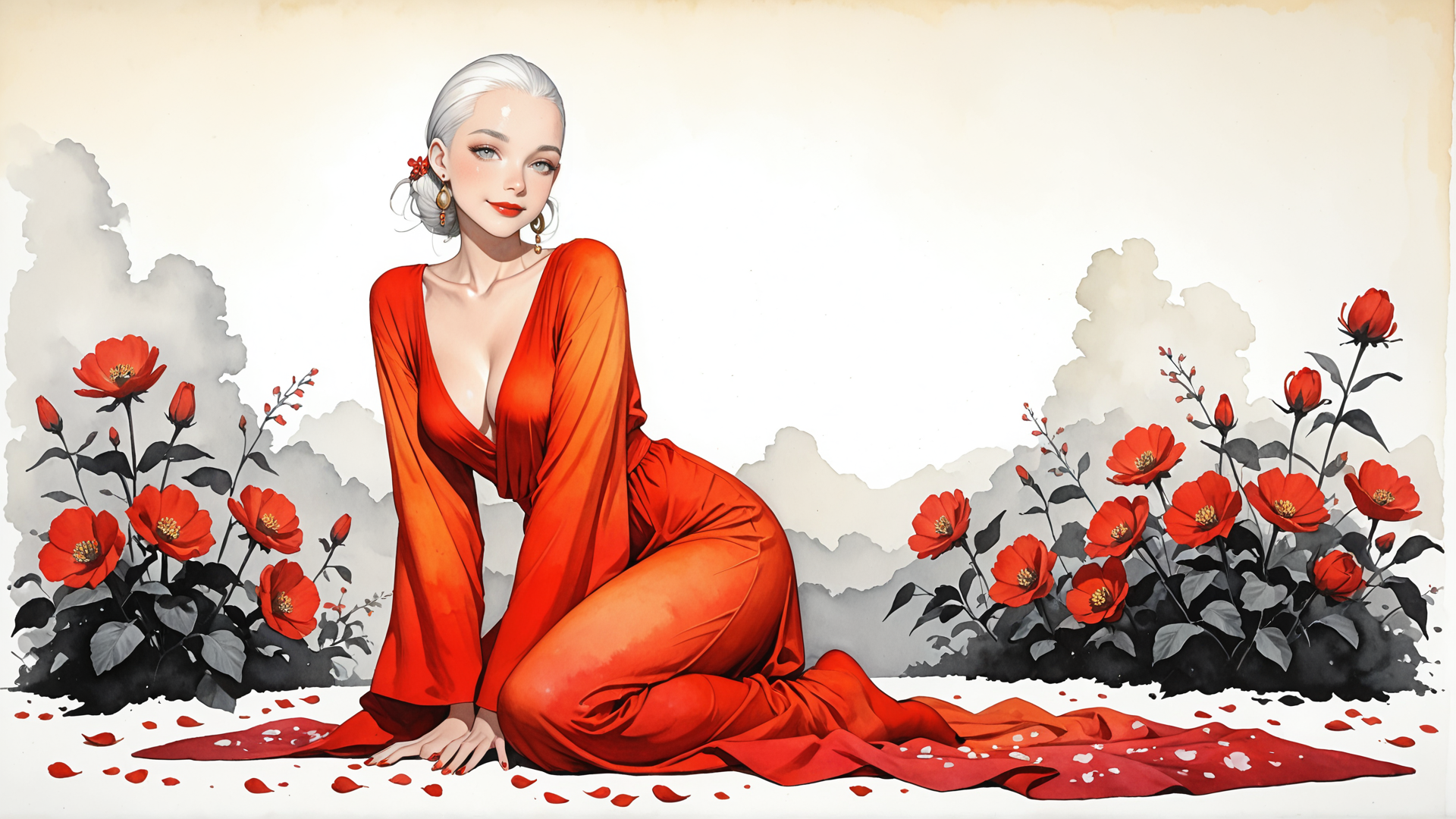 AI generated wallpaper featuring woman, flowers, dress, roses, hair, earrings, garden, pose, fabric, petals