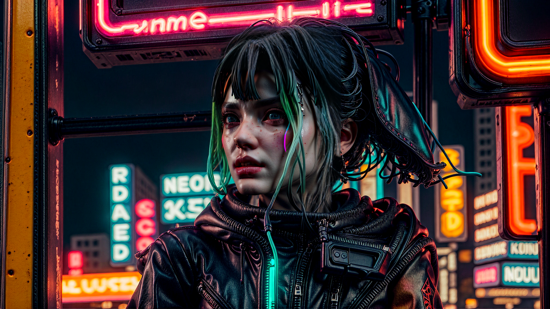 AI generated wallpaper featuring woman, neon, cyberpunk