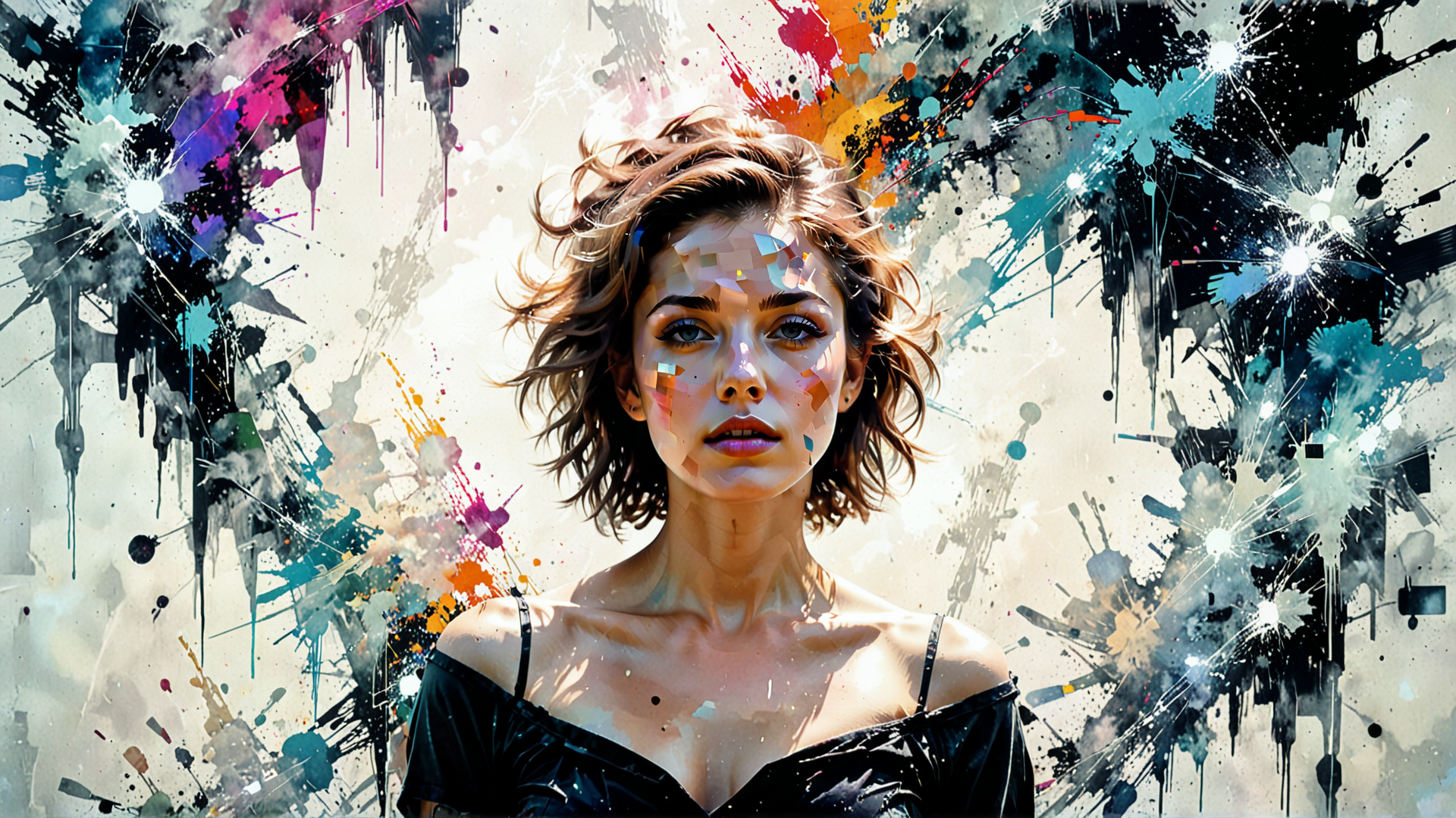 AI generated wallpaper featuring woman, art, painting, splash, expression, hair, shoulder, clothing, face, abstract