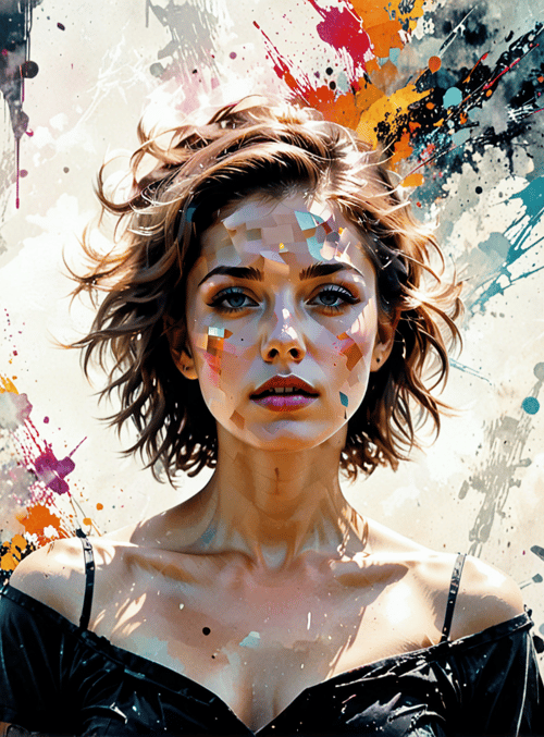 woman, art, painting, splash, expression, hair, shoulder, clothing, face, abstract
