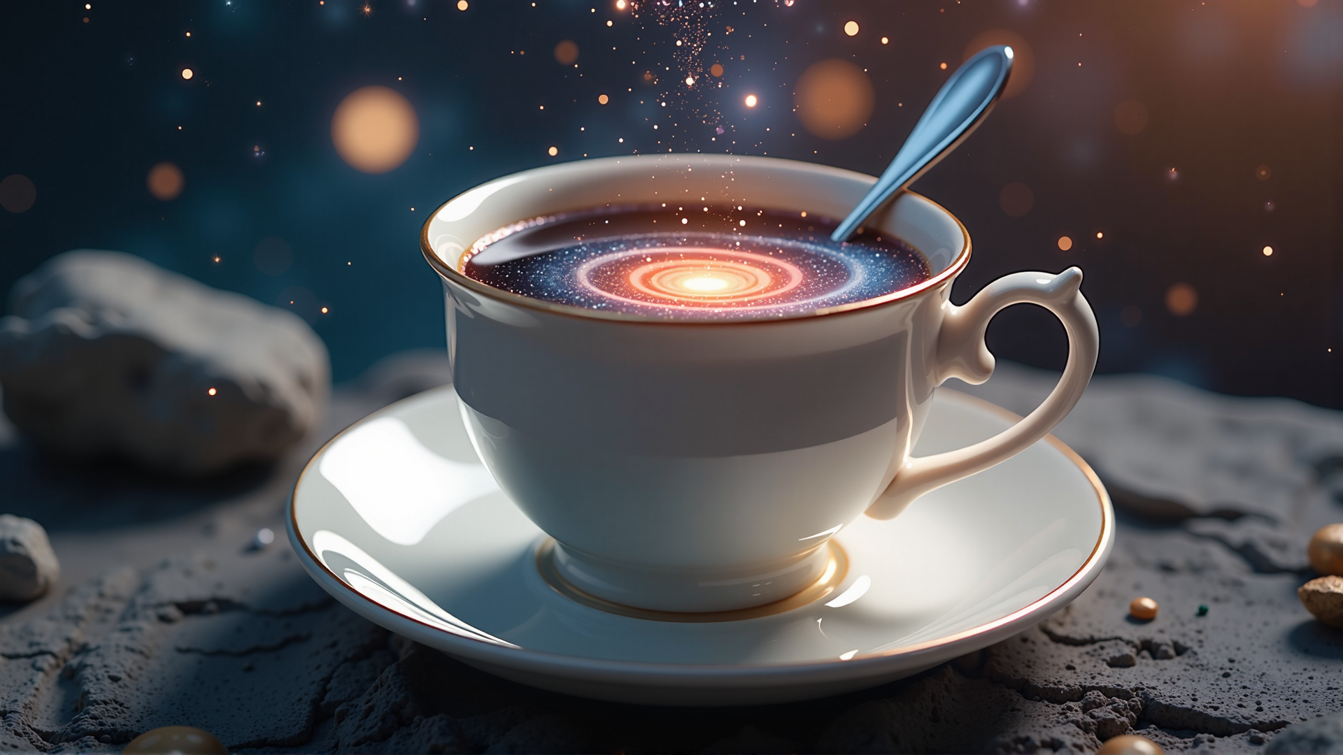 AI generated wallpaper featuring cup, spoon, galaxy, stars, rocks, planet, dust