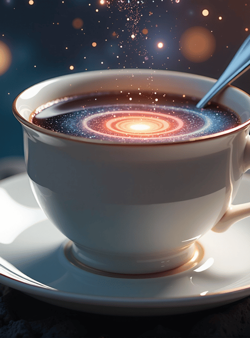 cup, spoon, galaxy, stars, rocks, planet, dust