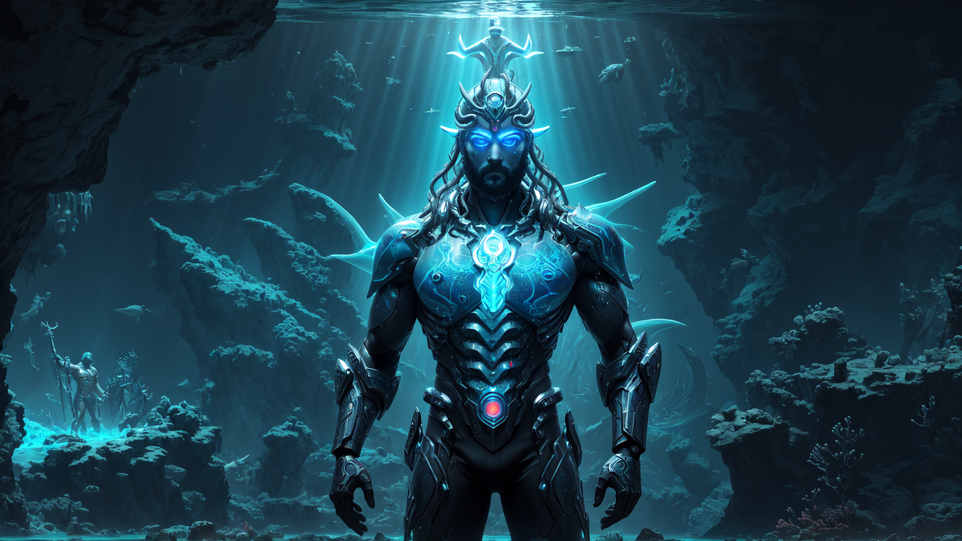 AI generated wallpaper featuring god, merman, mermaid