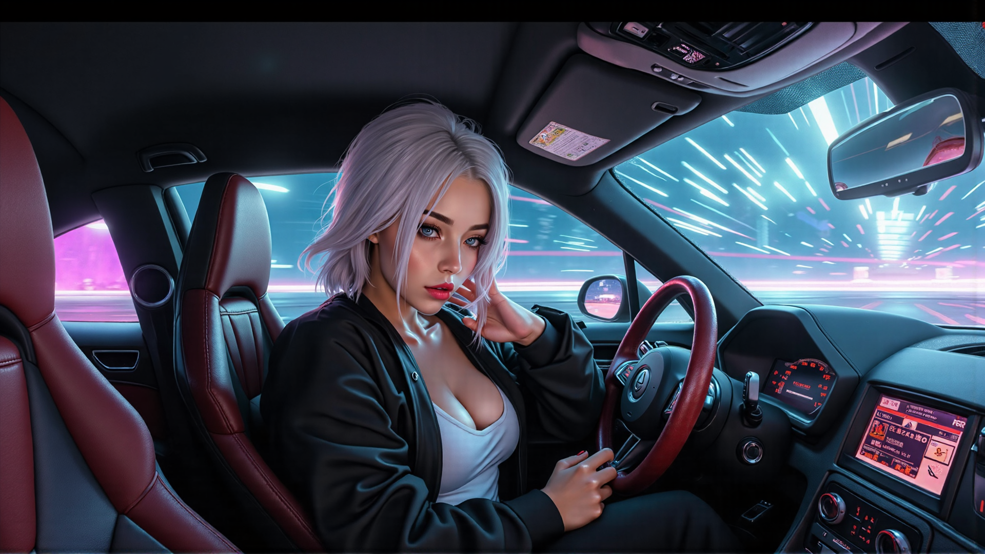 AI generated wallpaper featuring woman, car, steering wheel, dashboard, cityscape
