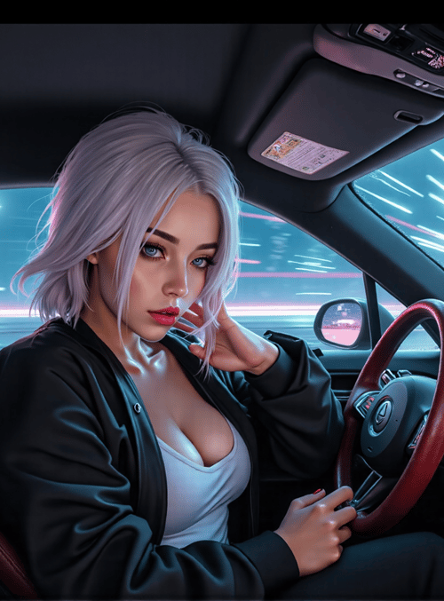 woman, car, steering wheel, dashboard, cityscape
