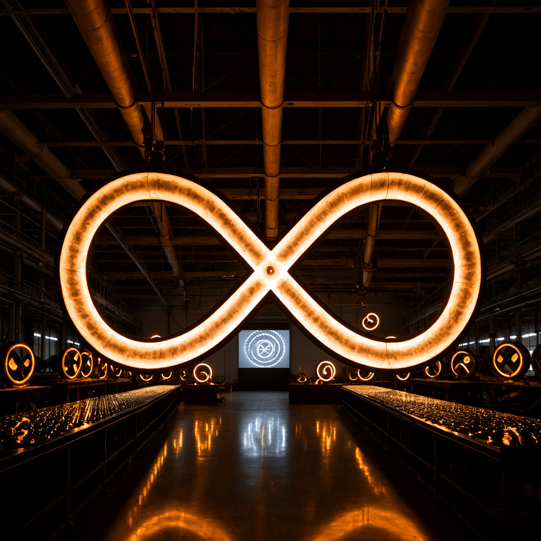 AI generated wallpaper featuring infinity symbol, industrial space, light installations