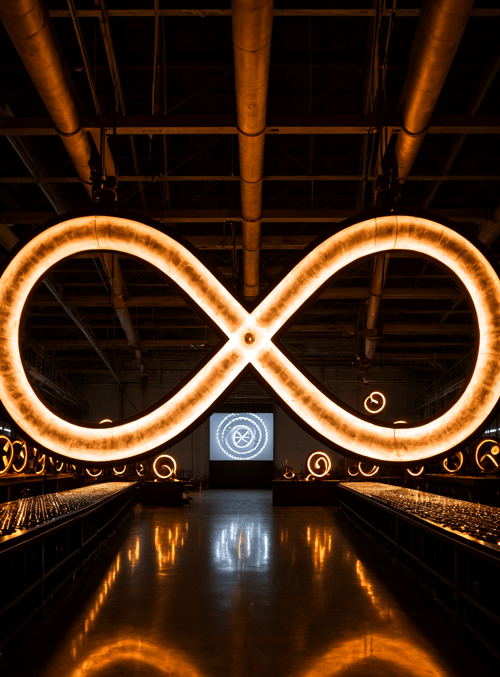 infinity symbol, industrial space, light installations