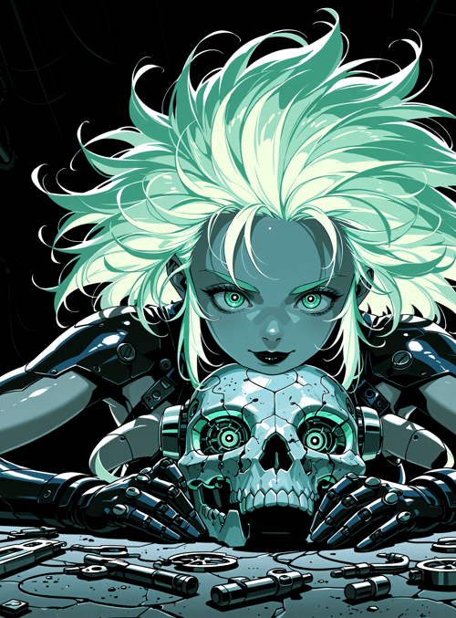 cyborg, skeleton, robot, gears, hologram, wires, screen, tools, mechanism, sleeve