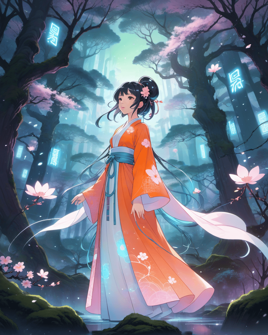 AI generated wallpaper featuring woman, trees, flowers