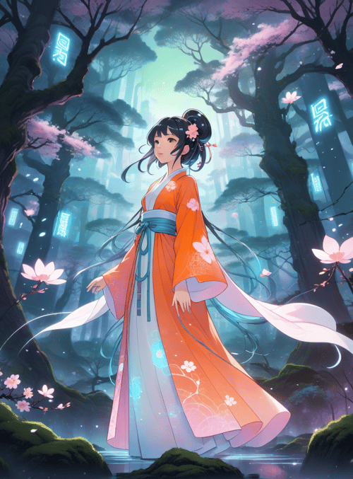 woman, trees, flowers