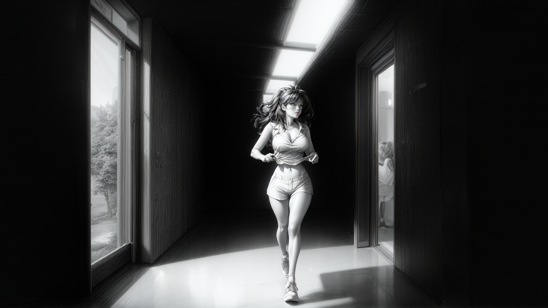 woman, corridor, skylight