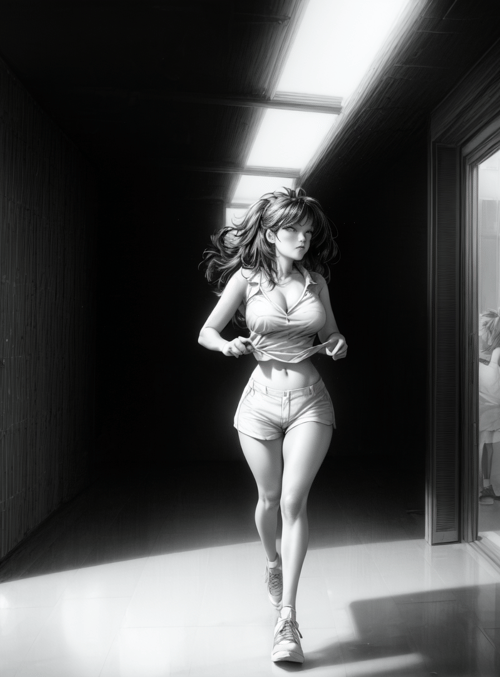 woman, corridor, skylight