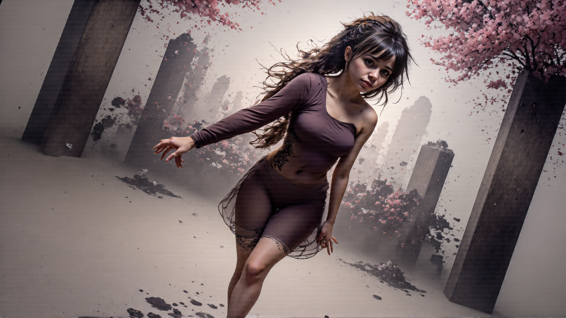 AI generated wallpaper featuring woman, cherry blossoms, ruins