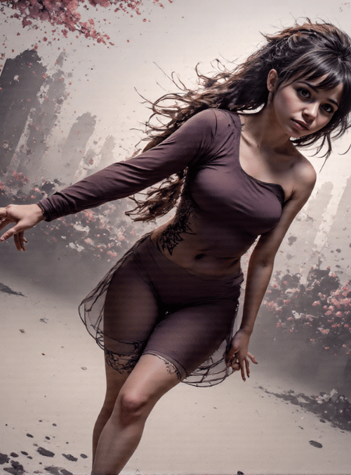 woman, cherry blossoms, ruins