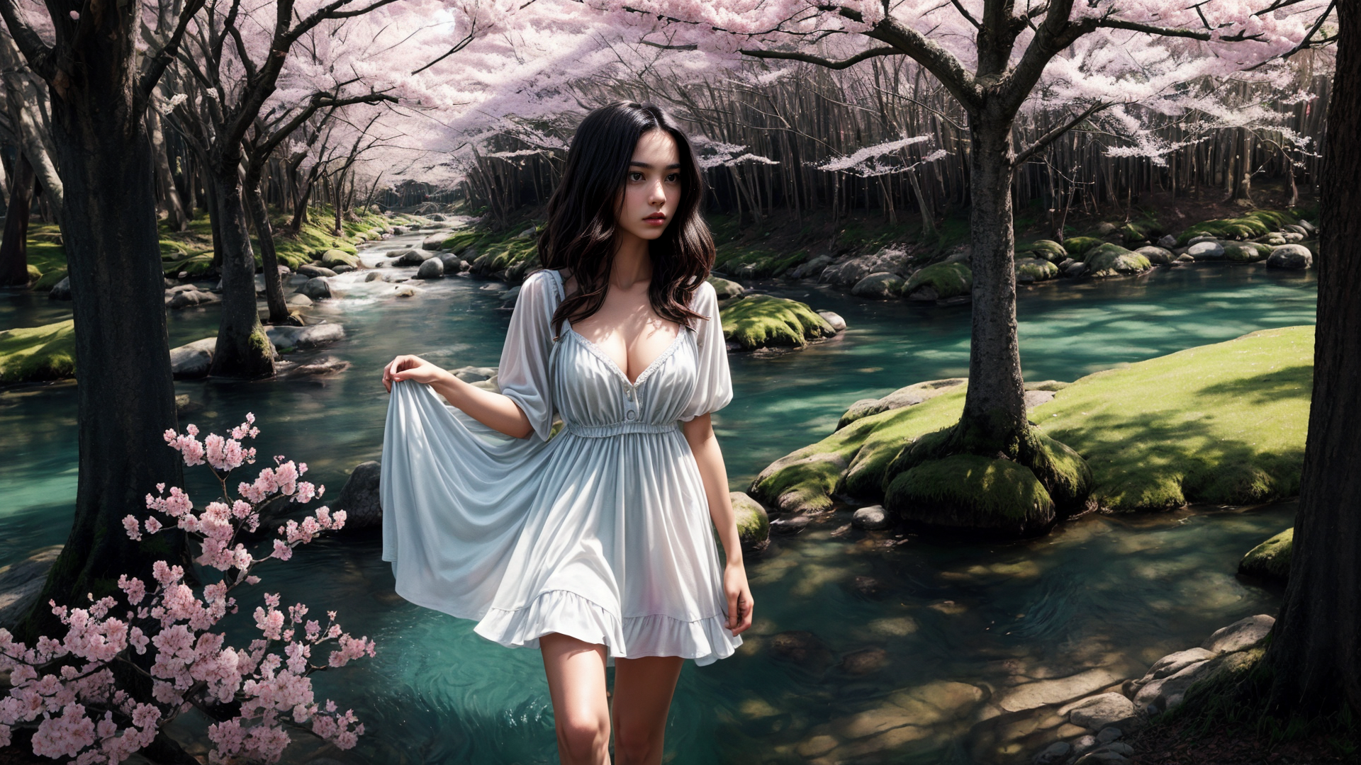 AI generated wallpaper featuring woman, cherry blossom, river