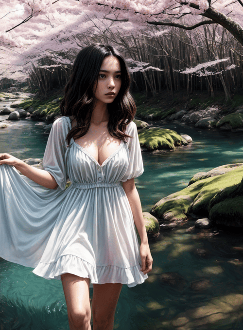 woman, cherry blossom, river