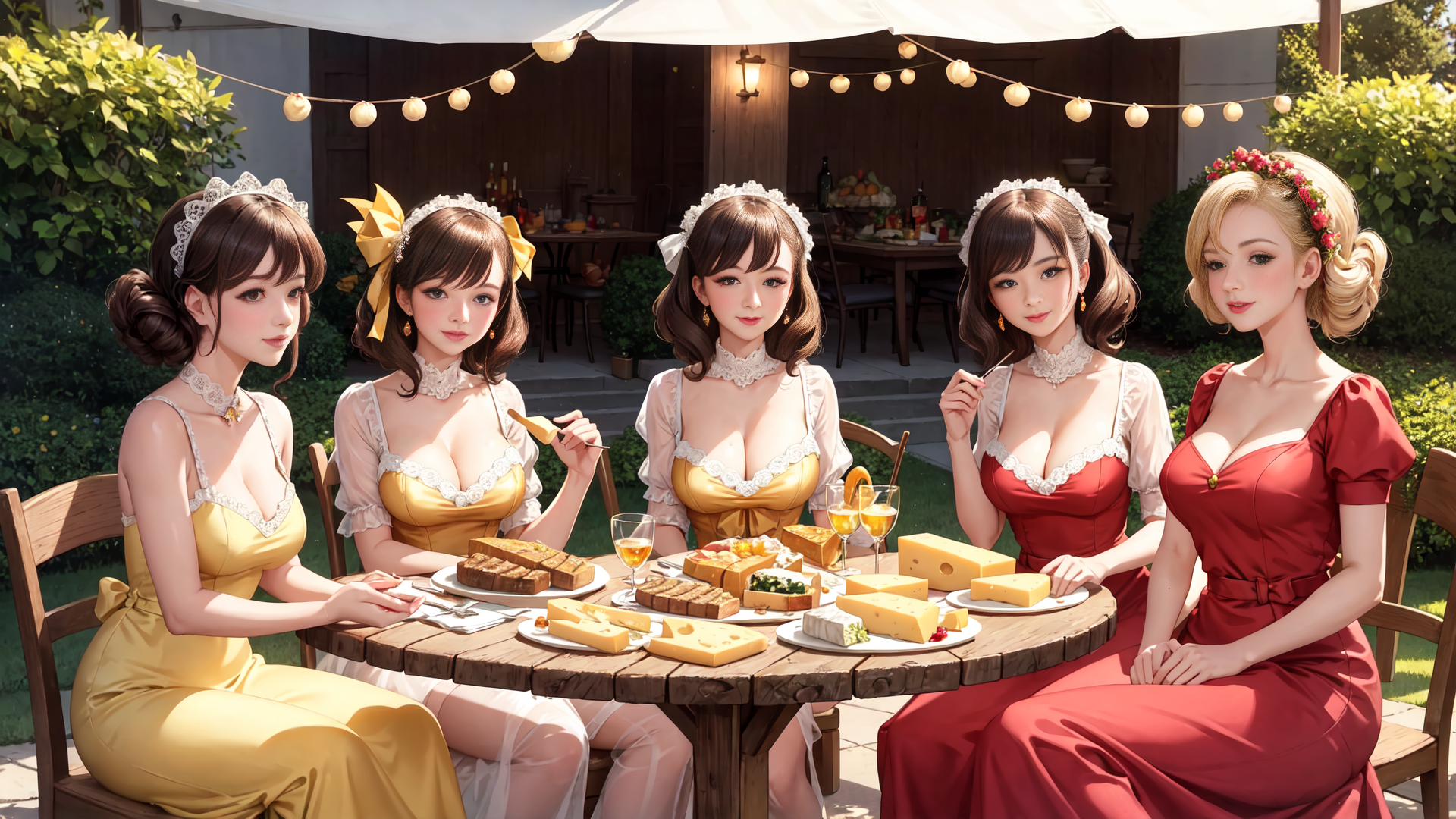 AI generated wallpaper featuring women, dinner, cheese
