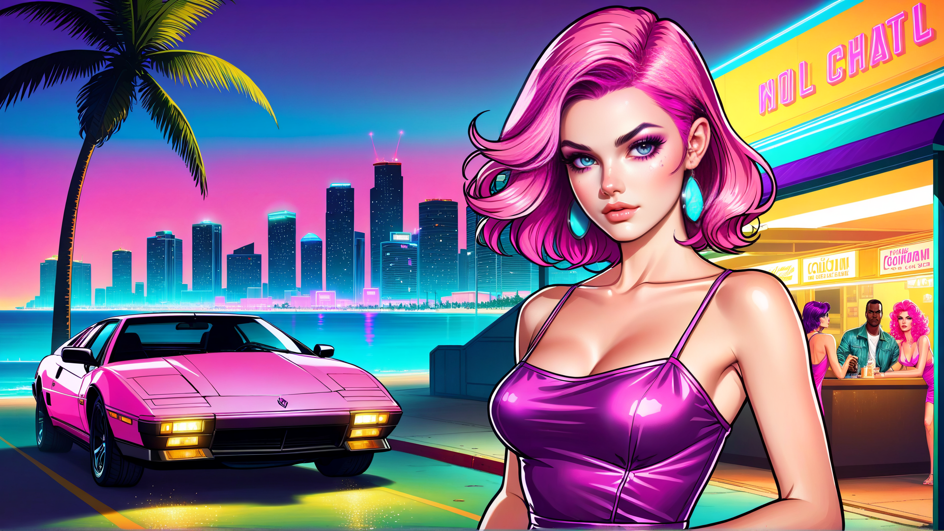 AI generated wallpaper featuring woman, car, cityscape, palm tree, neon sign