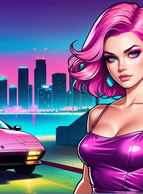 woman, car, cityscape, palm tree, neon sign