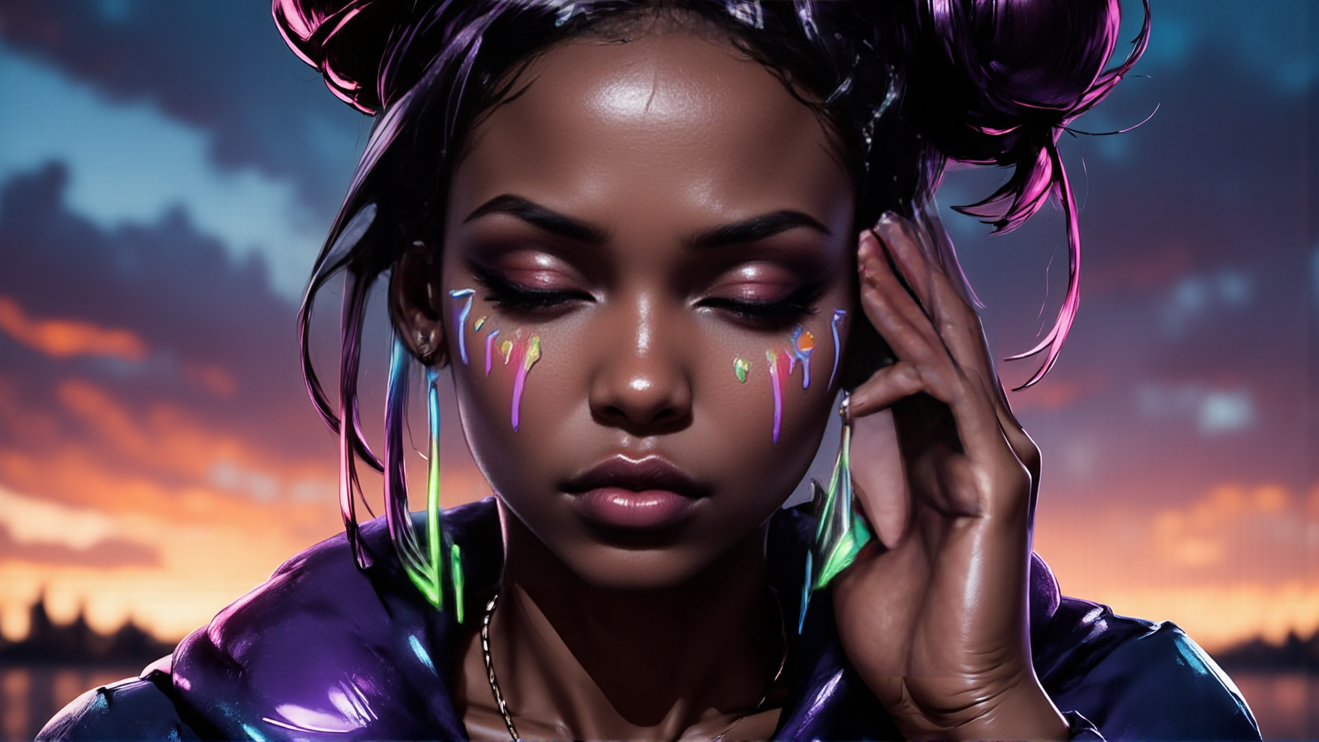 AI generated wallpaper featuring woman, art, phone