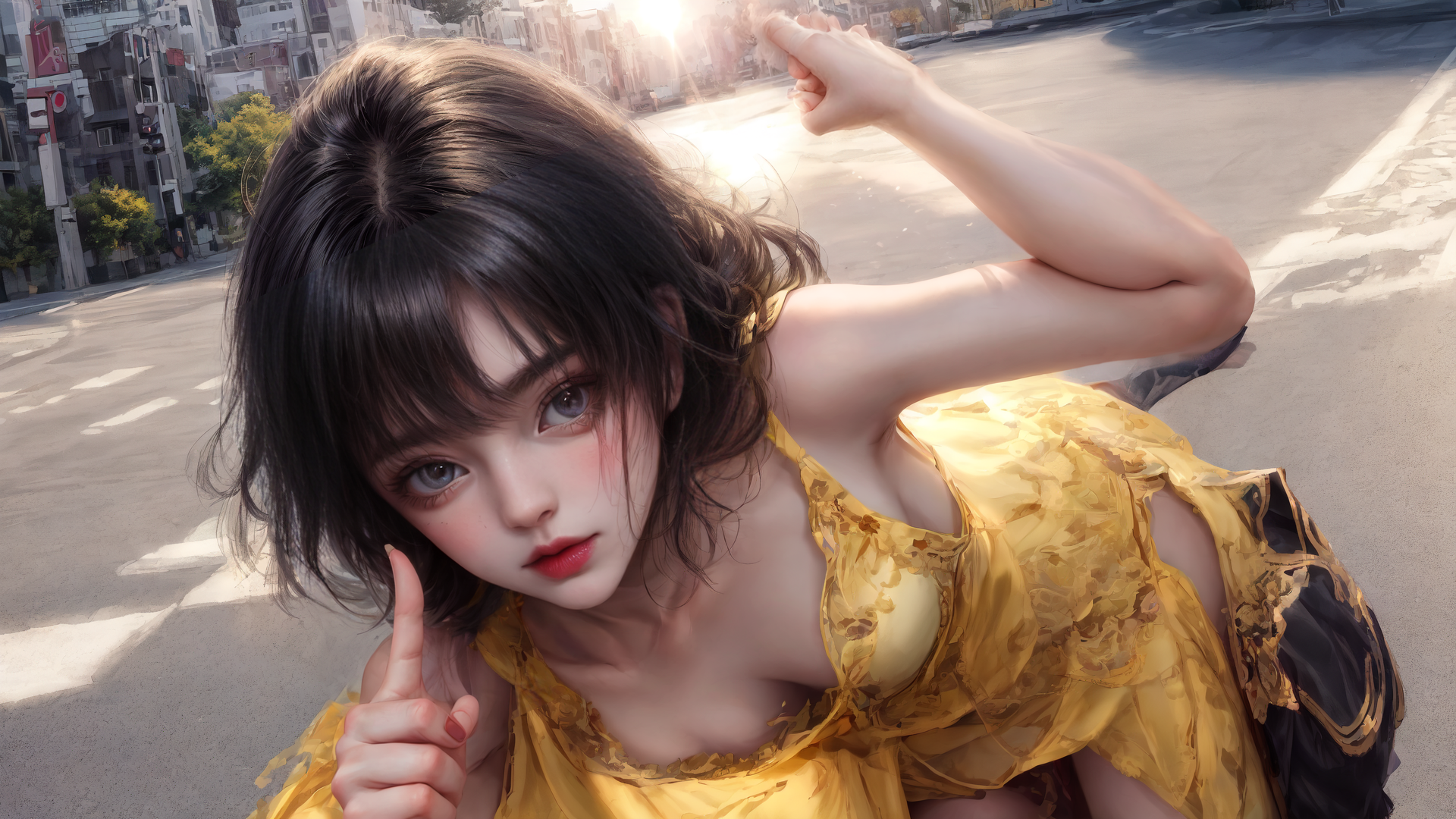 AI generated wallpaper featuring woman, city, sun