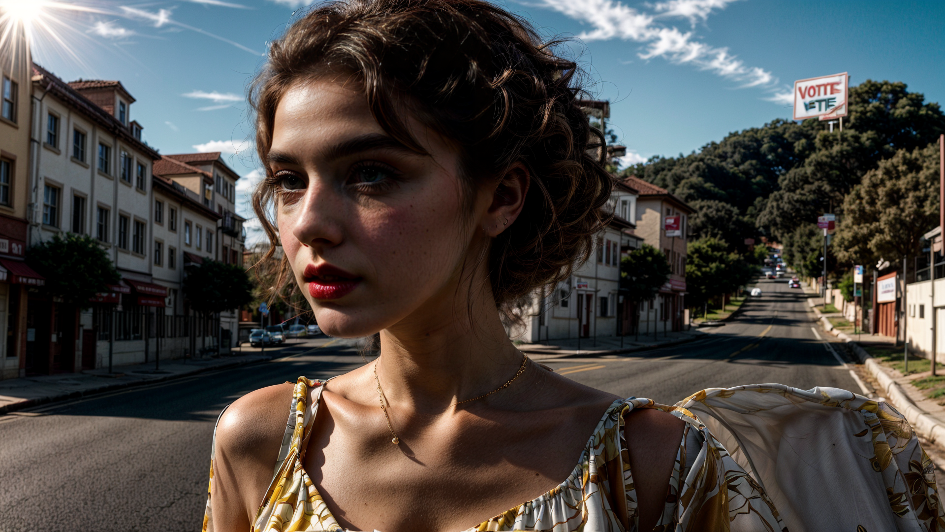 AI generated wallpaper featuring woman, street, building