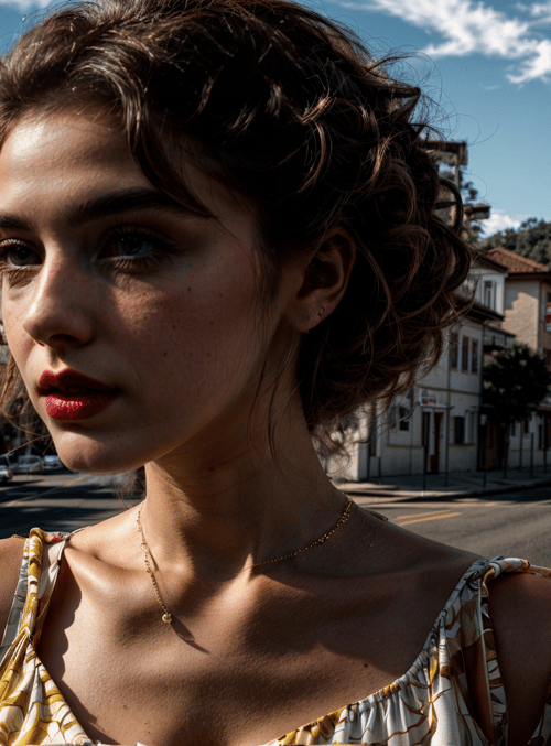 woman, street, building