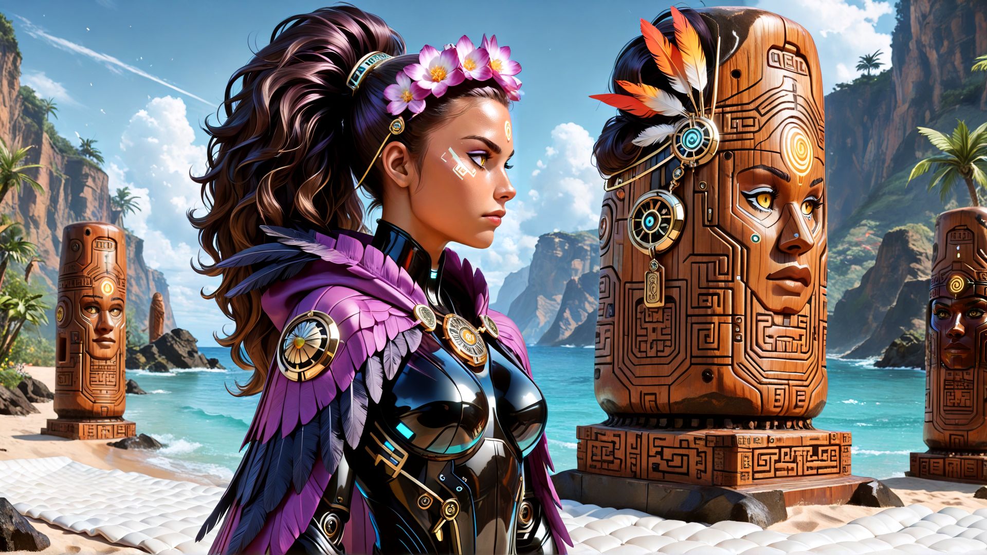 AI generated wallpaper featuring woman, tiki statue, feather, flower crown, cape, tattoo, ocean, cliffs, palm tree, helmet