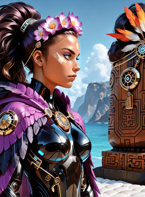 woman, tiki statue, feather, flower crown, cape, tattoo, ocean, cliffs, palm tree, helmet