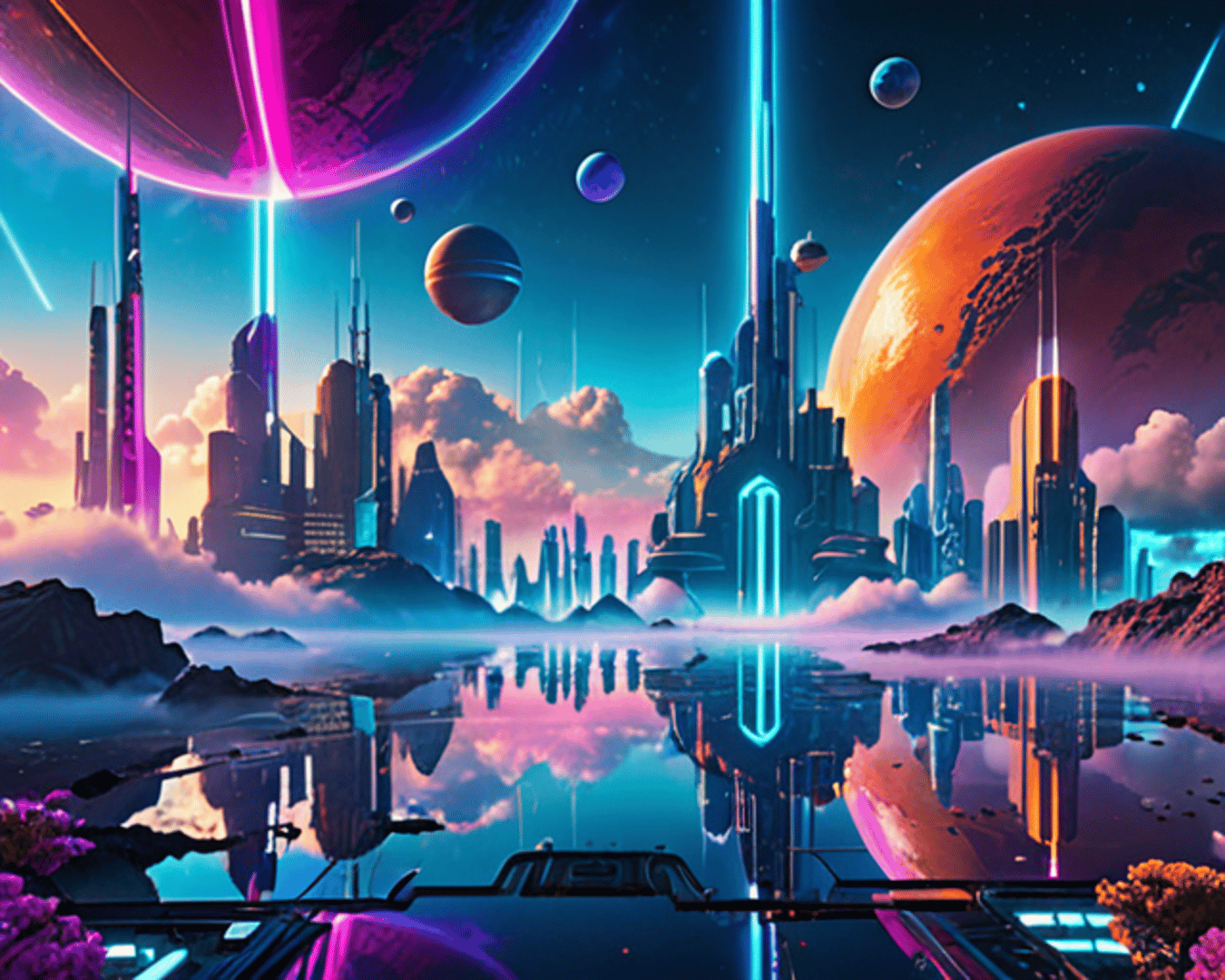 AI generated wallpaper featuring cityscape, space, reflection