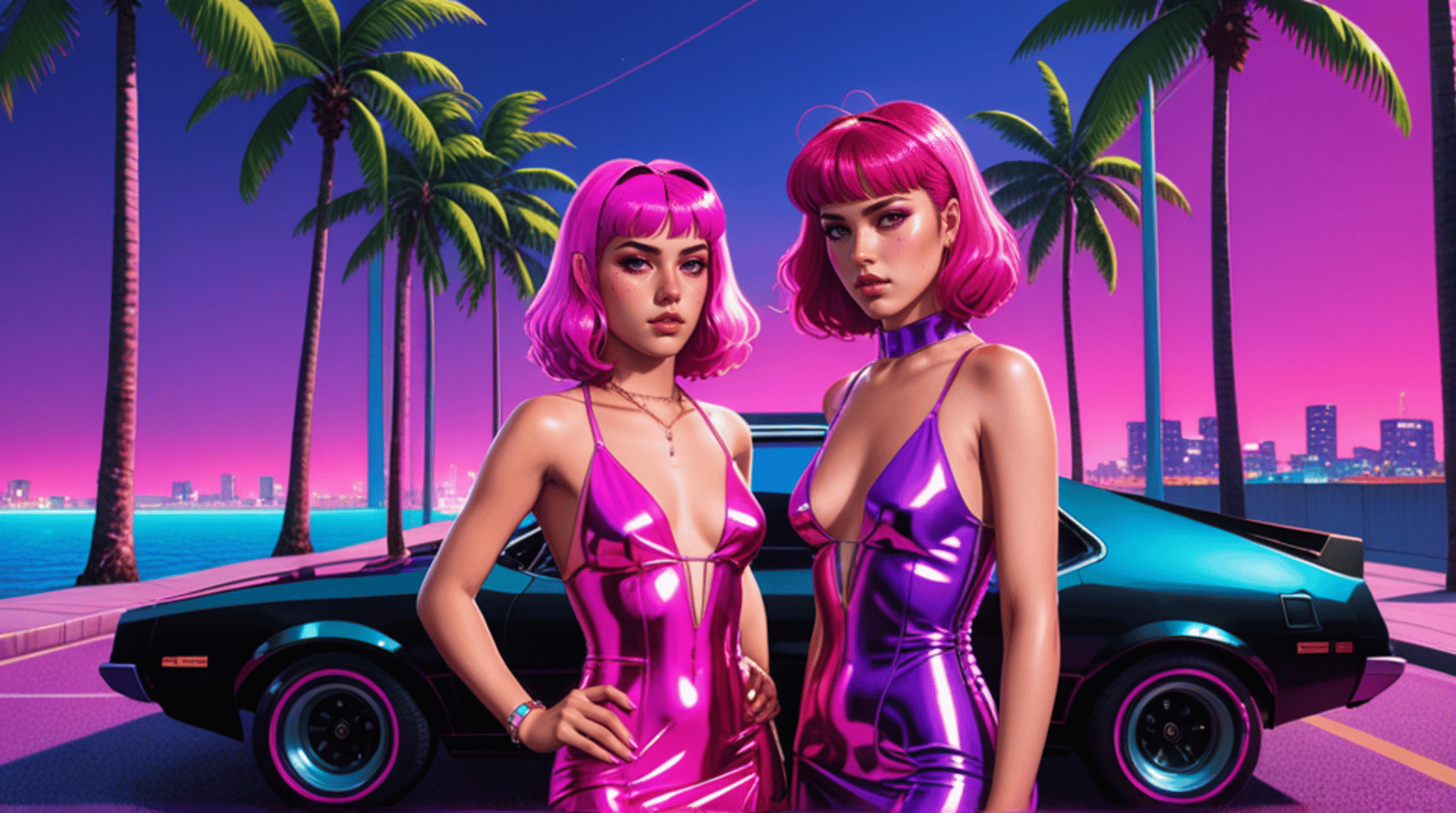 AI generated wallpaper featuring women, car, palm trees