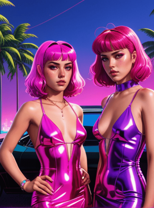 women, car, palm trees