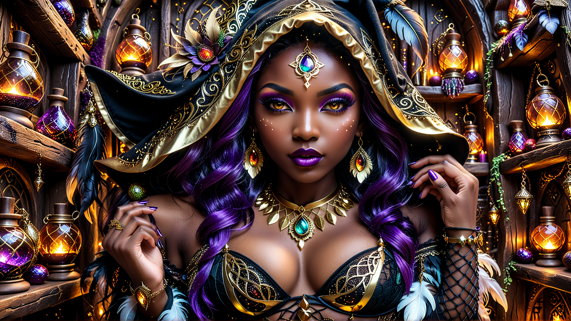 AI generated wallpaper featuring witch, woman, hats, jewelry, lamps, feathers