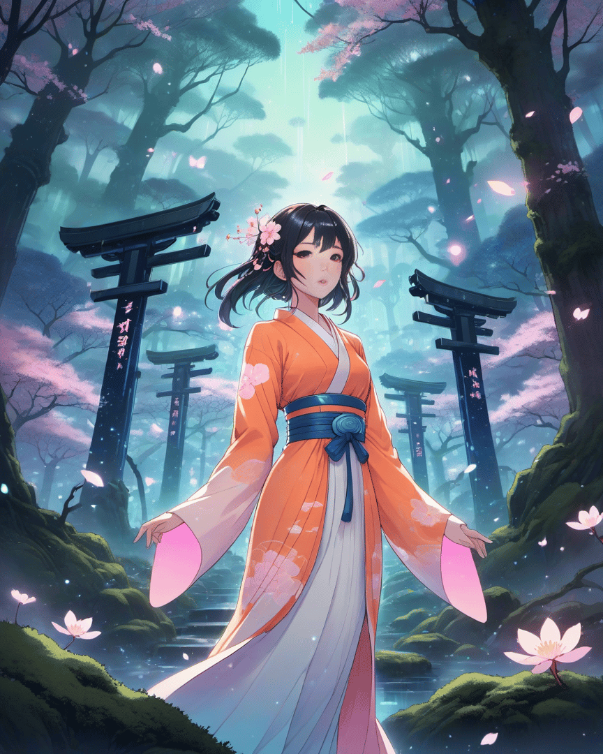 AI generated wallpaper featuring woman, kimono, sakura