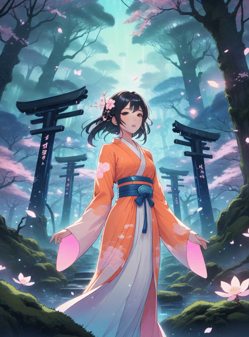 woman, kimono, sakura