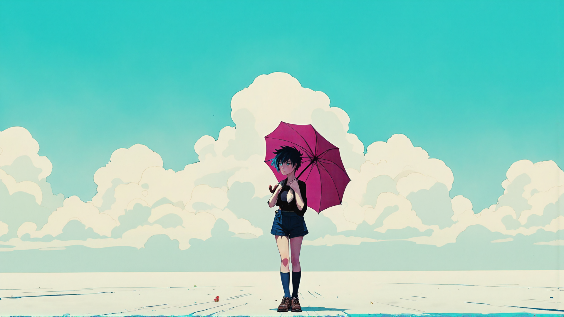 AI generated wallpaper featuring girl, umbrella, cloud, sky, shorts, boots, socks, hair, background, land