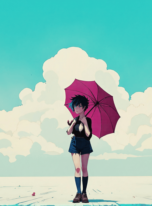 girl, umbrella, cloud, sky, shorts, boots, socks, hair, background, land