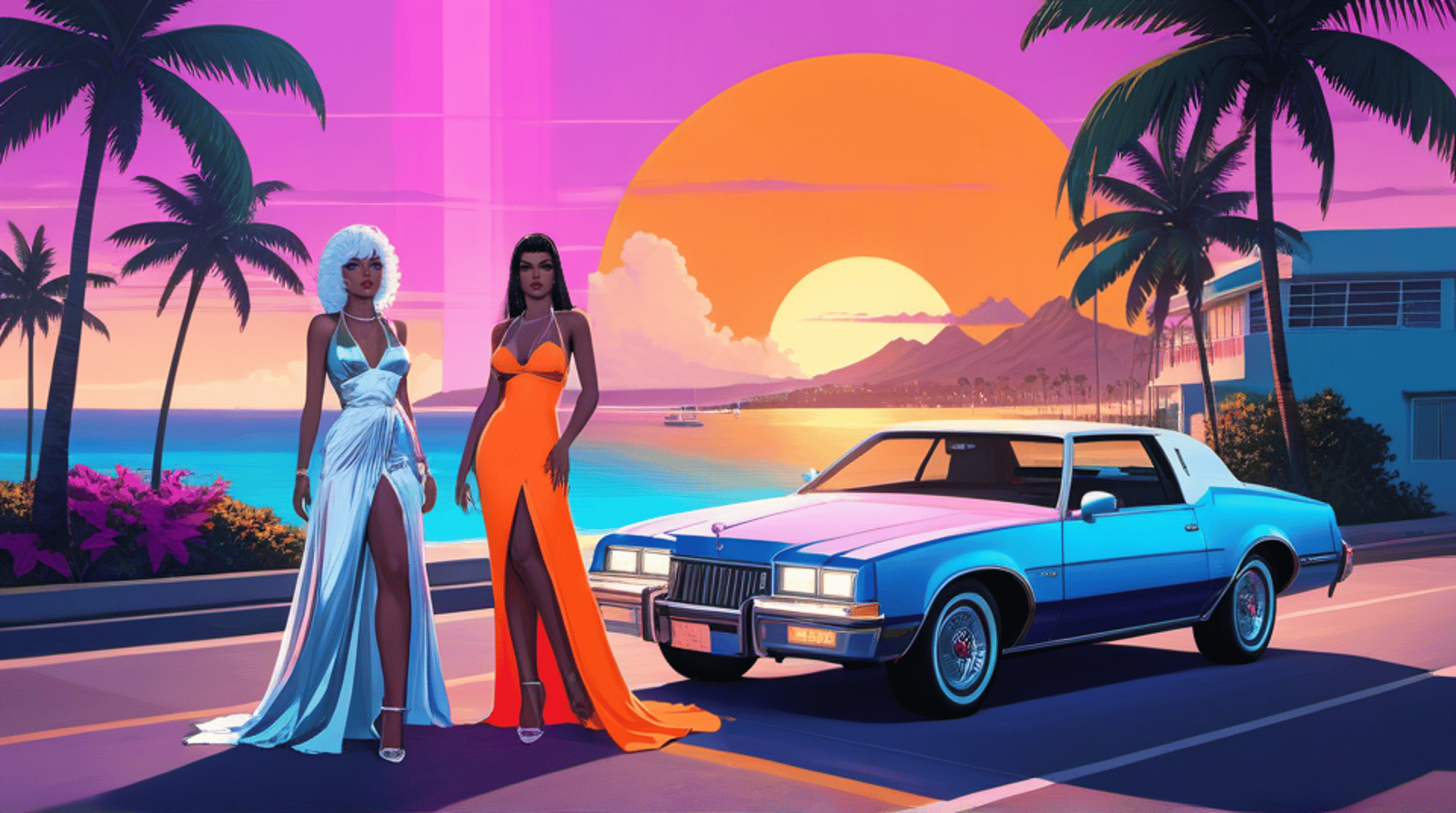 AI generated wallpaper featuring women, car