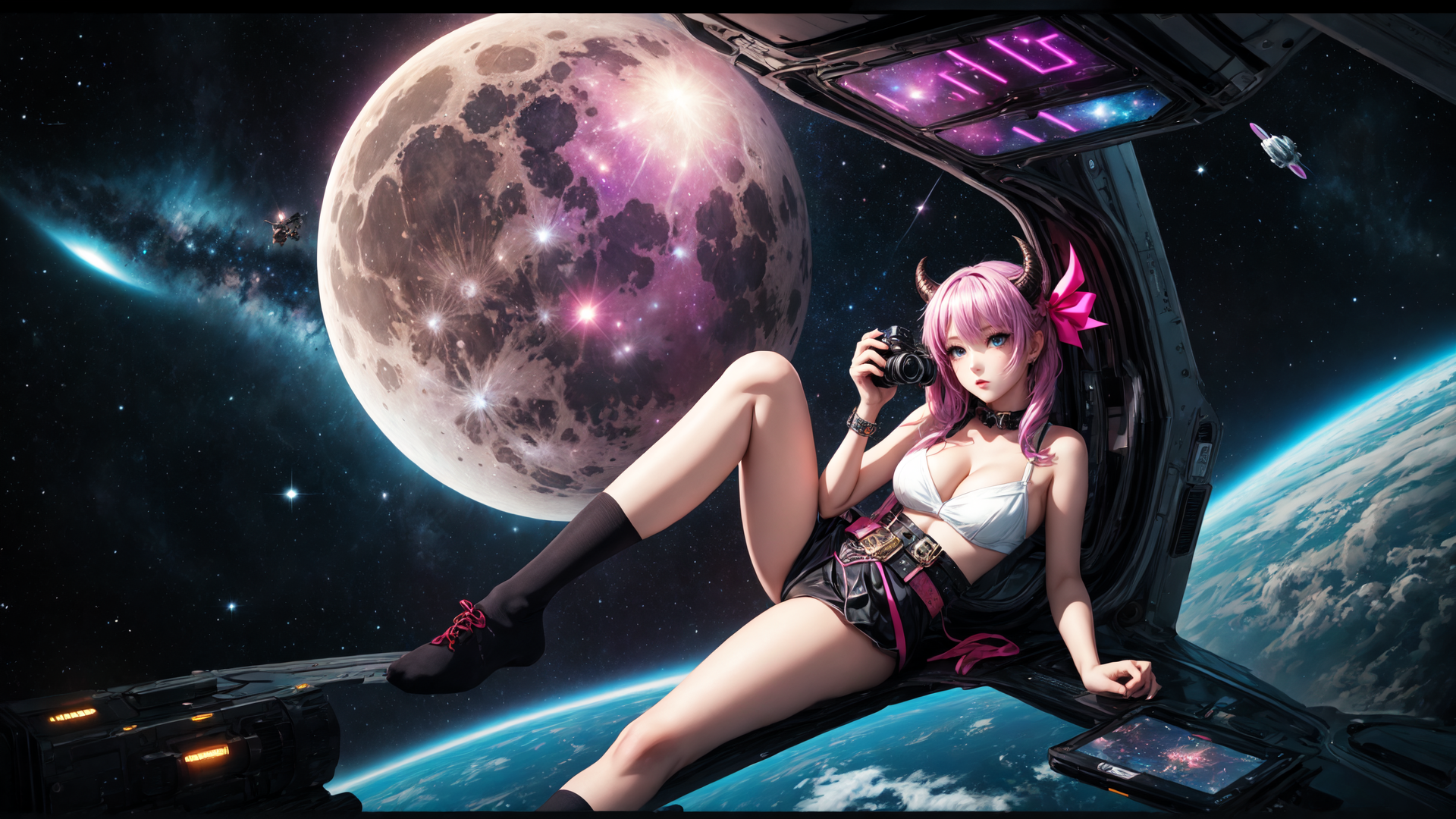 AI generated wallpaper featuring girl, camera, spaceship, moon, earth