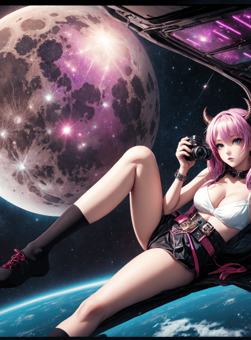girl, camera, spaceship, moon, earth