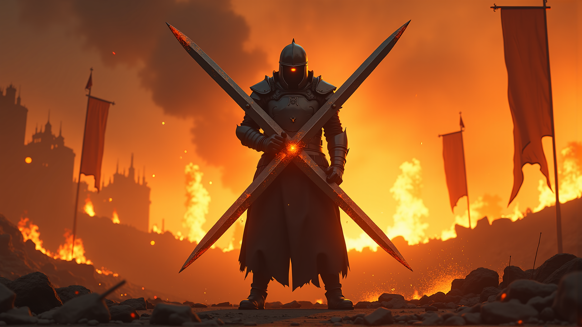 AI generated wallpaper featuring knight, swords, flags, city, fire, armor, smoke, rocks, sunset, battle