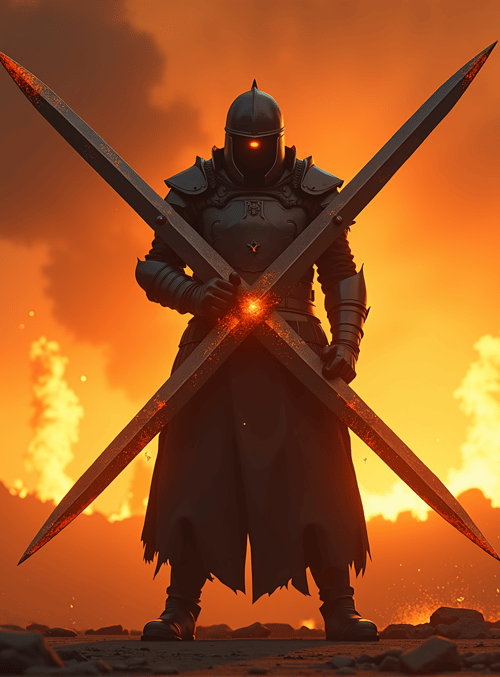 knight, swords, flags, city, fire, armor, smoke, rocks, sunset, battle
