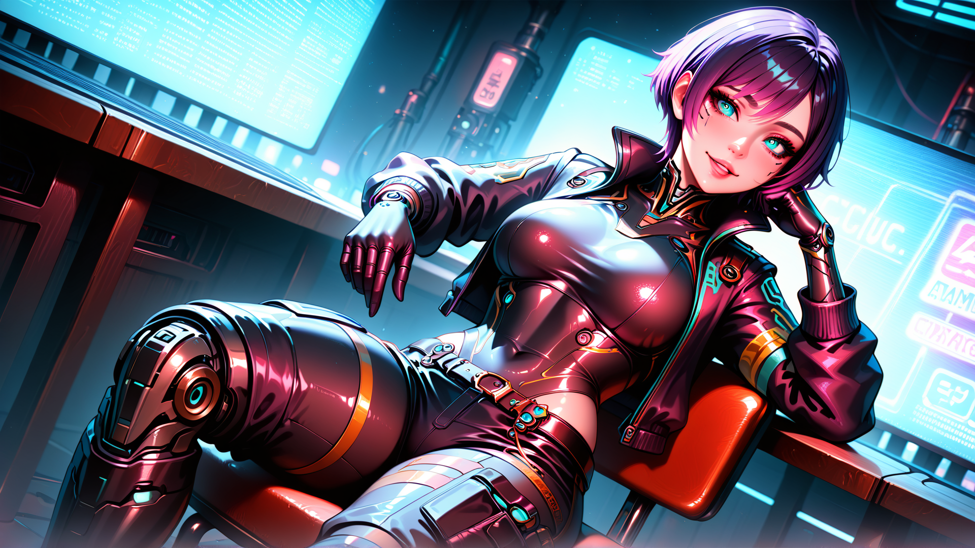 AI generated wallpaper featuring cyborg, woman, robot, gadget, screen