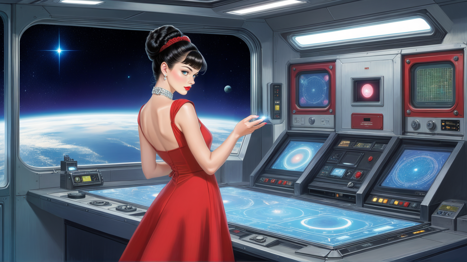 AI generated wallpaper featuring woman, spaceship, control panel