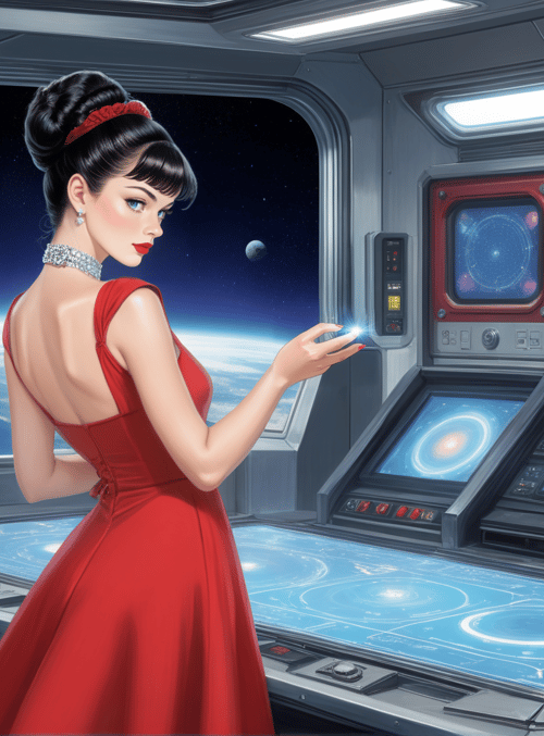woman, spaceship, control panel